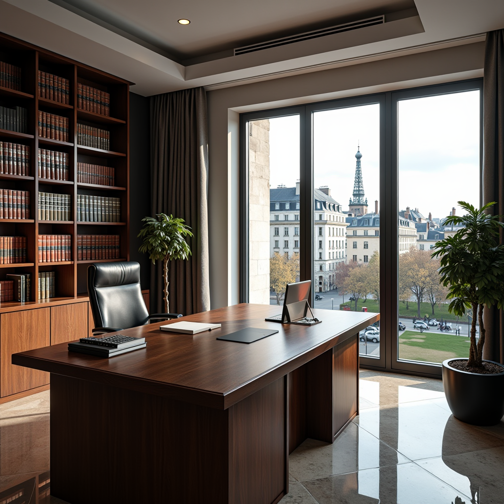 Bureau professionnel moderne avec vue sur Paris, décoration sobre et élégante, ambiance juridique avec bibliothèque de droit et bureau en bois massif, éclairage naturel, style contemporain et institutionnel