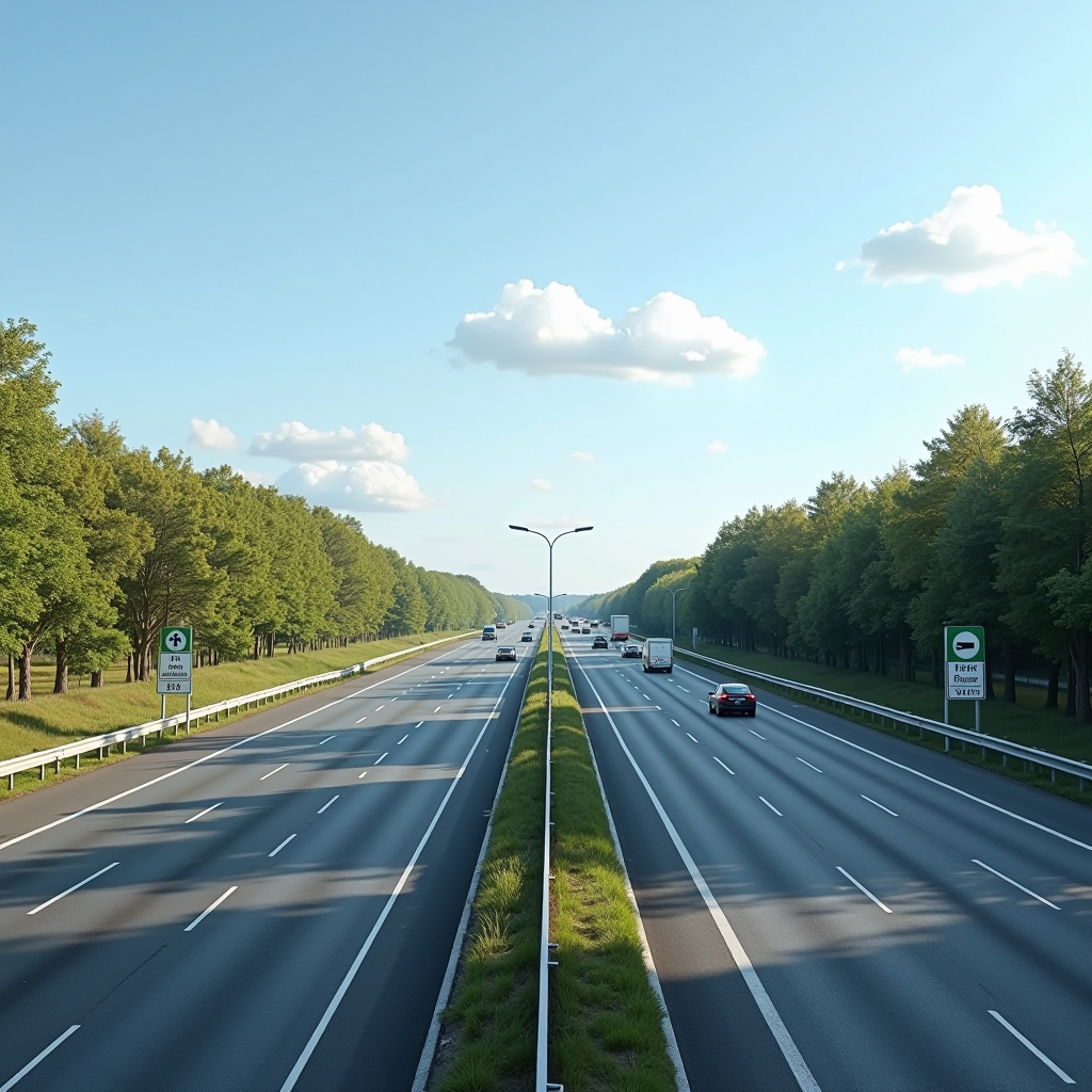 Vue panoramique d'une autoroute française moderne avec signalisation routière, représentant le contexte du droit routier et de la circulation en France