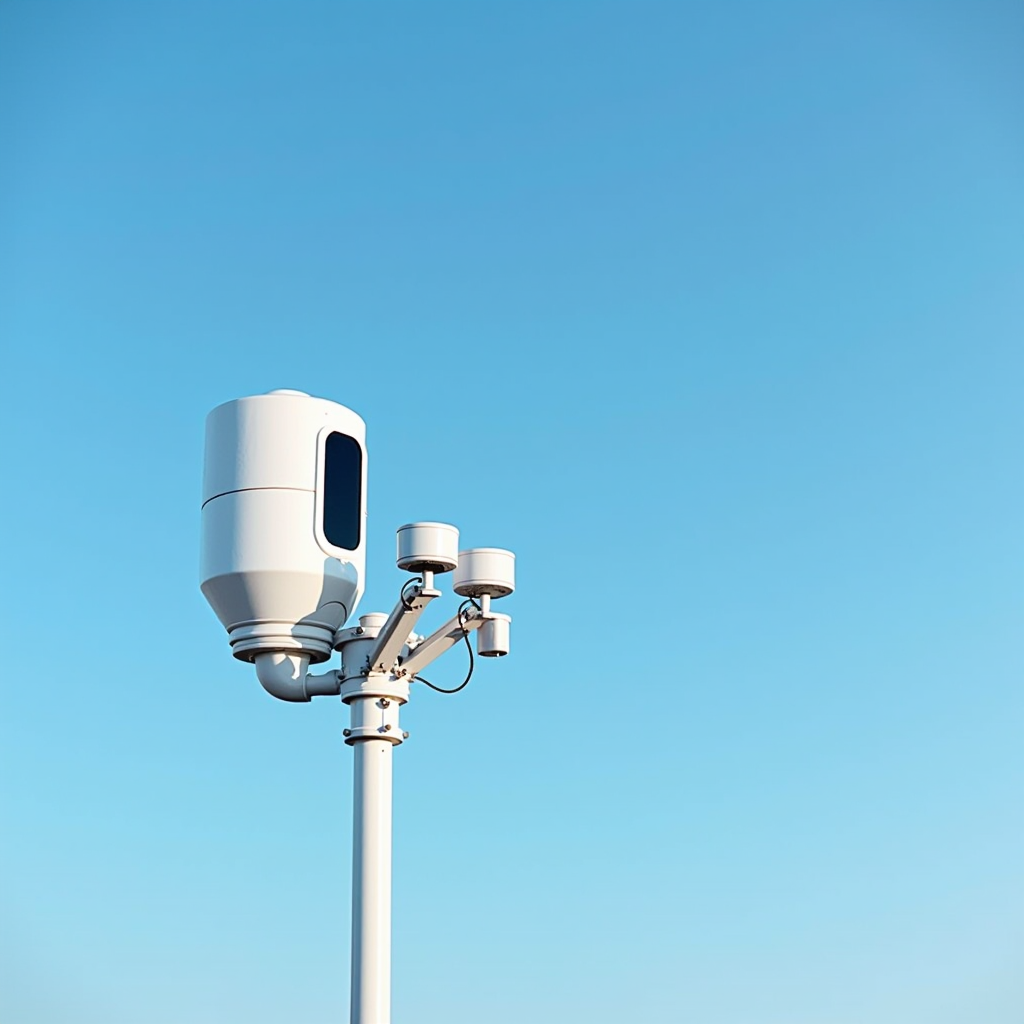 Radar tourelle de nouvelle génération installé sur une autoroute française, dispositif cylindrique blanc monté sur un mât élevé avec caméras multidirectionnelles, photographié sur fond de ciel bleu avec infrastructure routière moderne