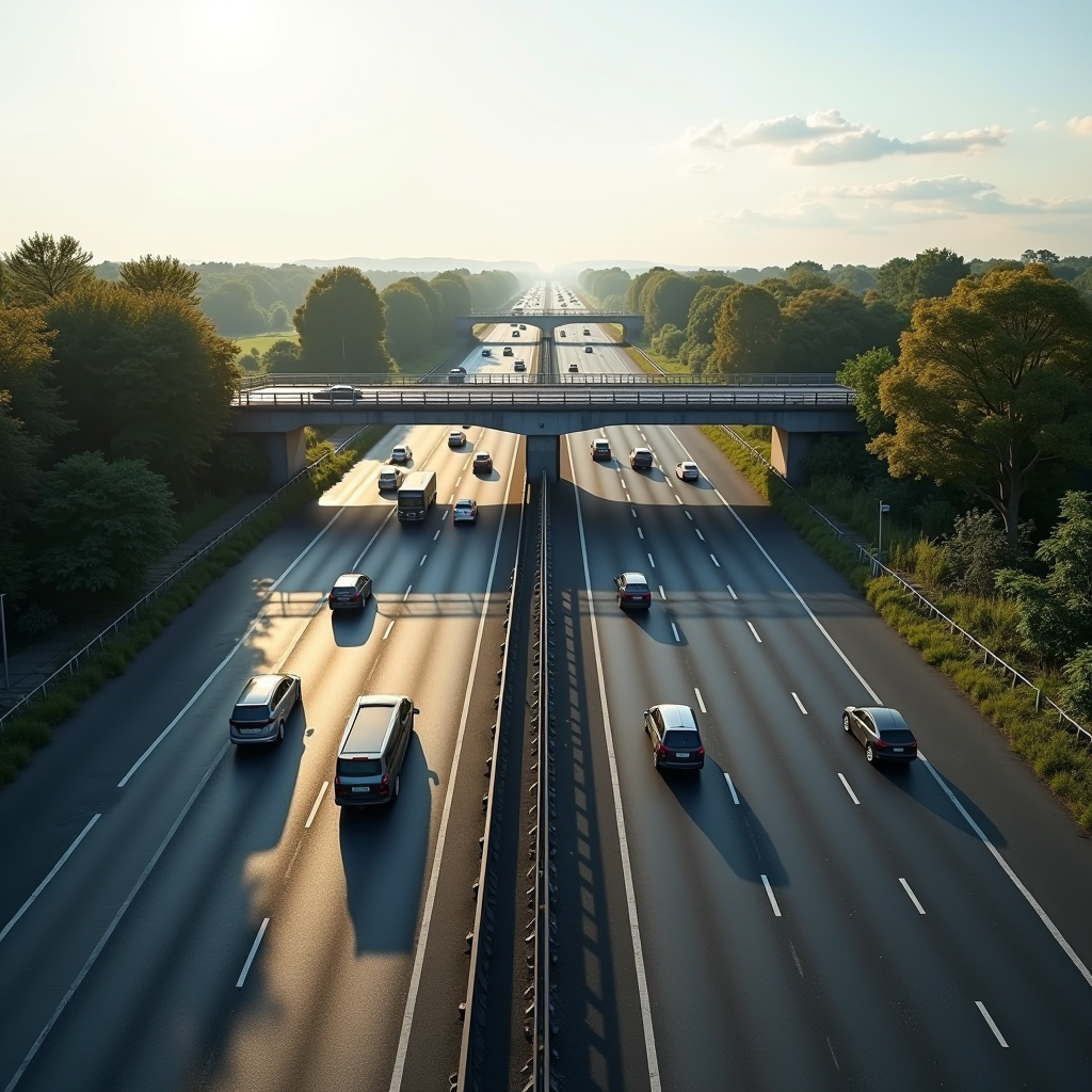 Vue aérienne d'une autoroute française moderne avec plusieurs voies de circulation, véhicules en mouvement, panneaux de signalisation routière et infrastructure autoroutière contemporaine sous un ciel dégagé