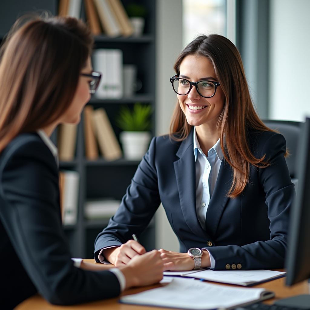 Avocat spécialisé en droit routier consultant un client dans un bureau moderne avec des livres de droit et un ordinateur, ambiance professionnelle avec éclairage naturel