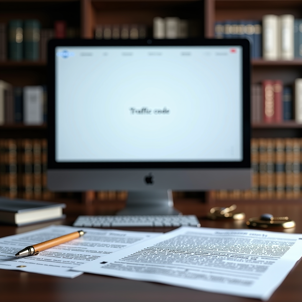 Bureau d'avocat moderne avec documents juridiques relatifs au code de la route français, dossiers de suspension de permis de conduire, code de la route annoté, et ordinateur affichant des textes de loi sur fond de bibliothèque juridique professionnelle