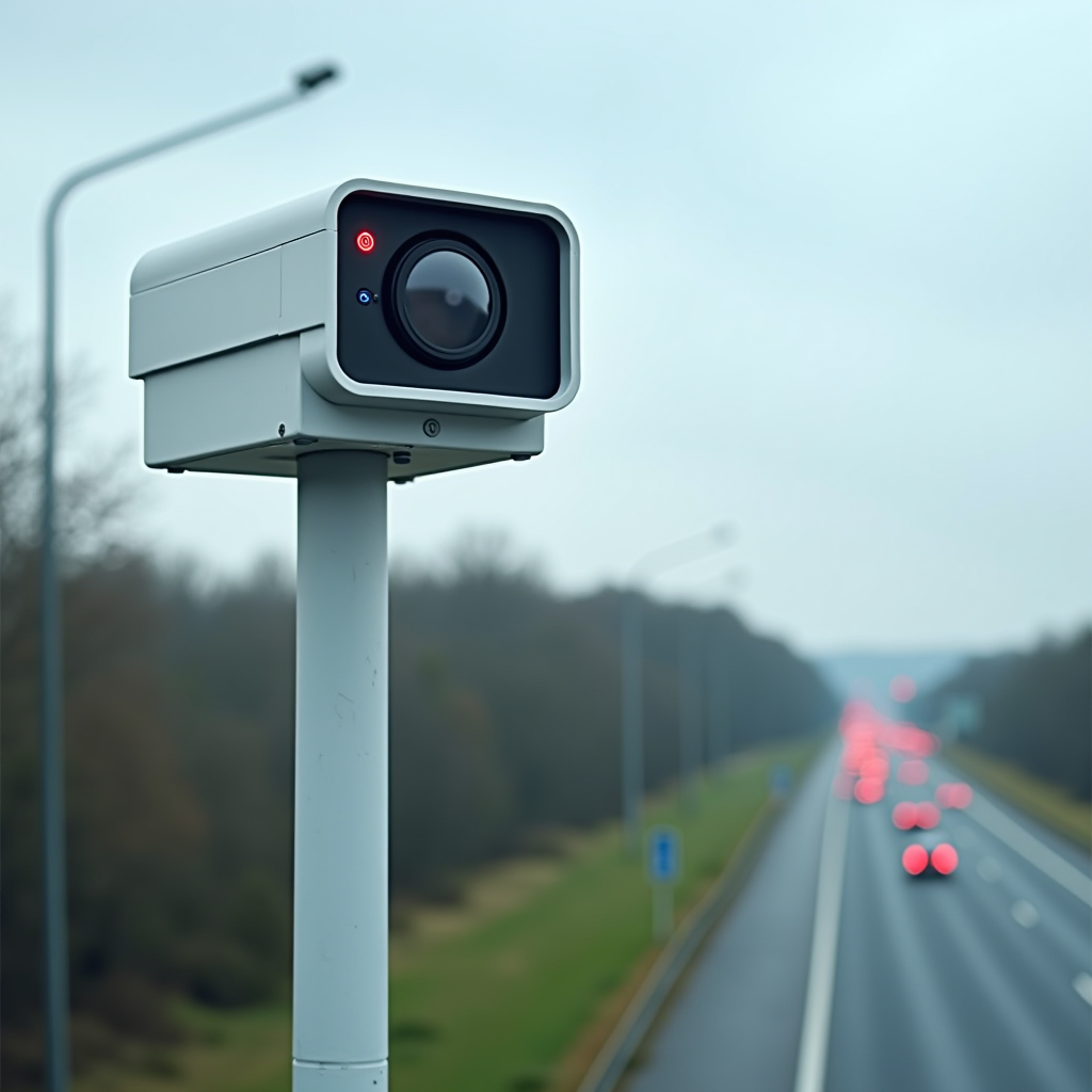 Radar tourelle de nouvelle génération installé sur une autoroute française, dispositif moderne de contrôle automatisé de la vitesse avec caméra haute résolution