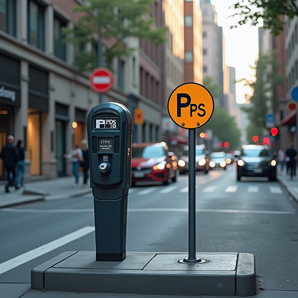 Zone de stationnement urbain avec horodateur et panneau de signalisation FPS, illustration du système de forfait post-stationnement en ville