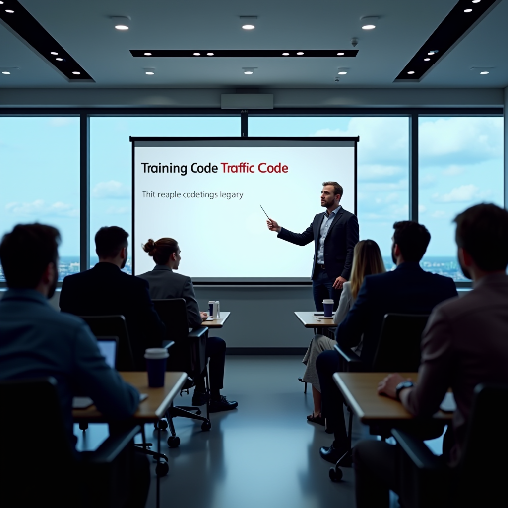 Salle de formation moderne avec présentation sur écran montrant le code de la route français, participants attentifs et formateur expert en réglementation routière